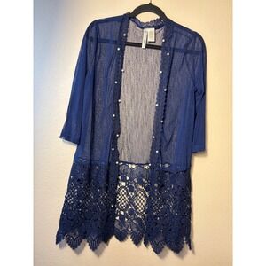 Forgotten Grace Navy Mesh Crochet Lace Pearl Open Front Cardigan Small ST9003